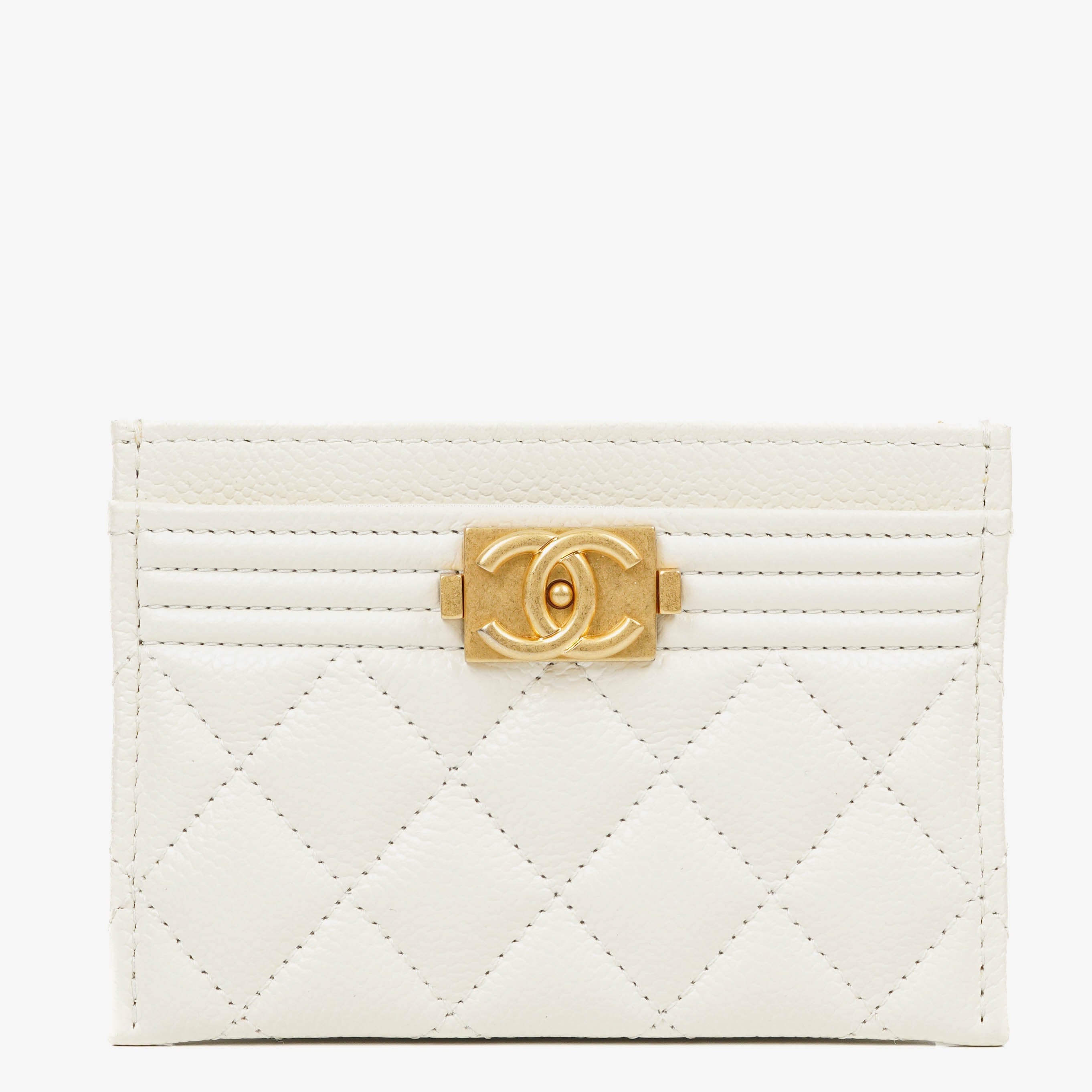 Porte-cartes Boy Chanel en Cuir Caviar Blanc Matelassé
