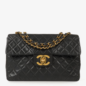 Chanel Jumbo CC Classic Single Flap Maxi Logo Bag Black Quilted Lambskin 24K Gold-Plated Hardware