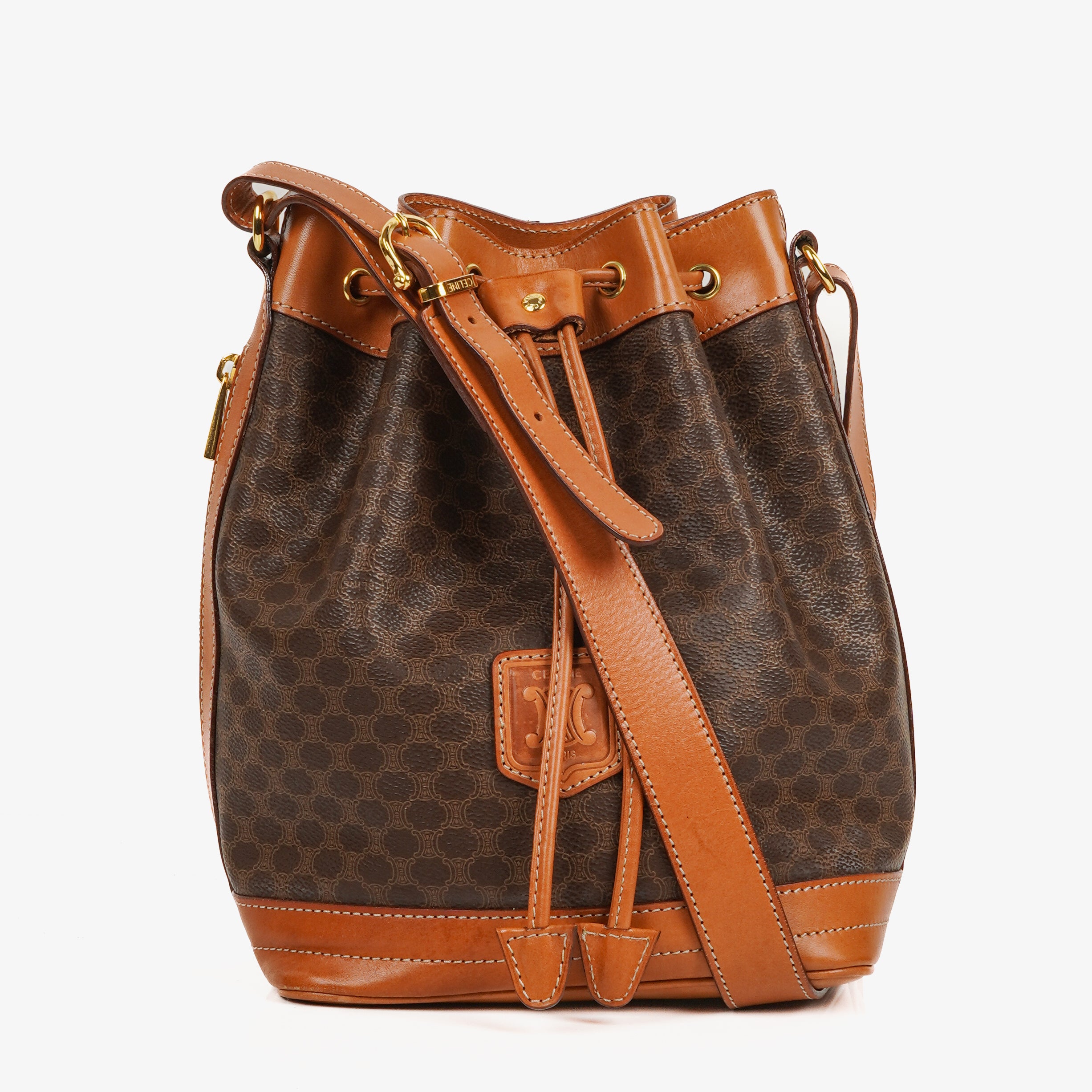 Celine Vintage Macadam Triomphe Drawstring Bucket Bag