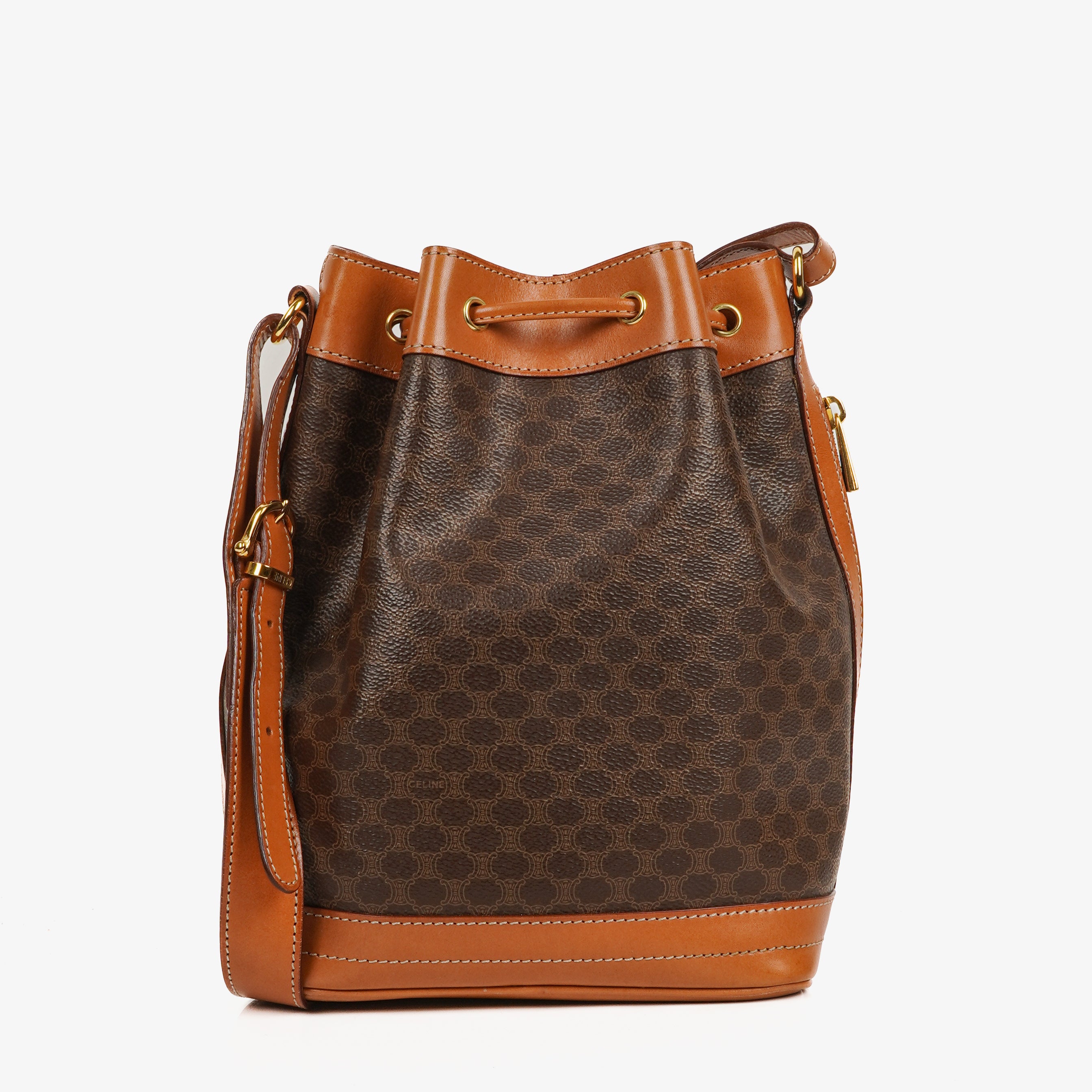 Celine Vintage Macadam Triomphe Drawstring Bucket Bag