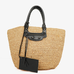 Balenciaga Woven Natural/Black Raffia Panier Tote Bag