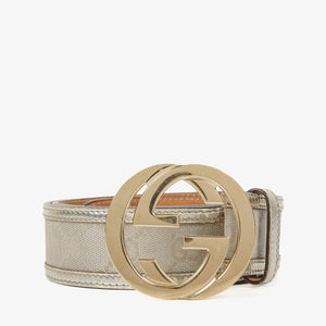 Gucci Metallic Silver GG Canvas and Patent Leather Interlocking G Buckle Belt 80 CM