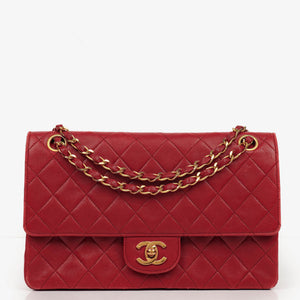 Chanel Vintage Classic Double Flap Bag in Quilted Red Lambskin with 24K Gold-Plated Hardware