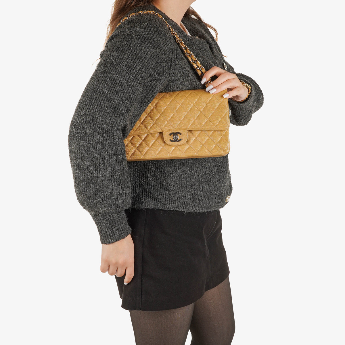 Chanel Medium Classic Vintage Double Flap Bag Beige Quilted Caviar Leather With Silver-Tone Hardware