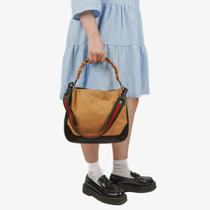 Gucci Bamboo Top Handle Beige Canvas Brown Lerahter Hobo Bag