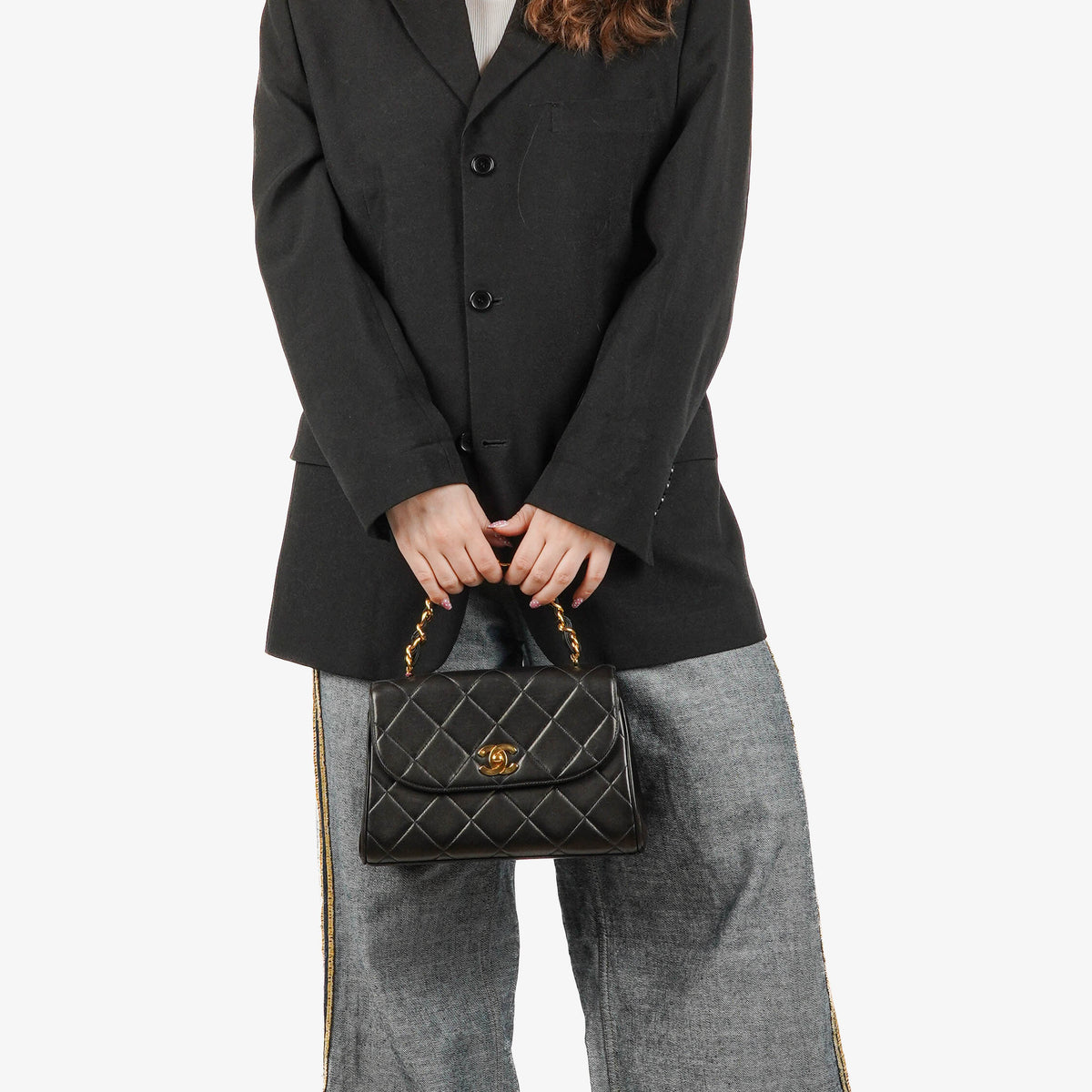 Chanel Flap Bag In Black Quilted Lambskin With Chain Top Handle And 24K Gold-Plated Hardware, 1994-1996