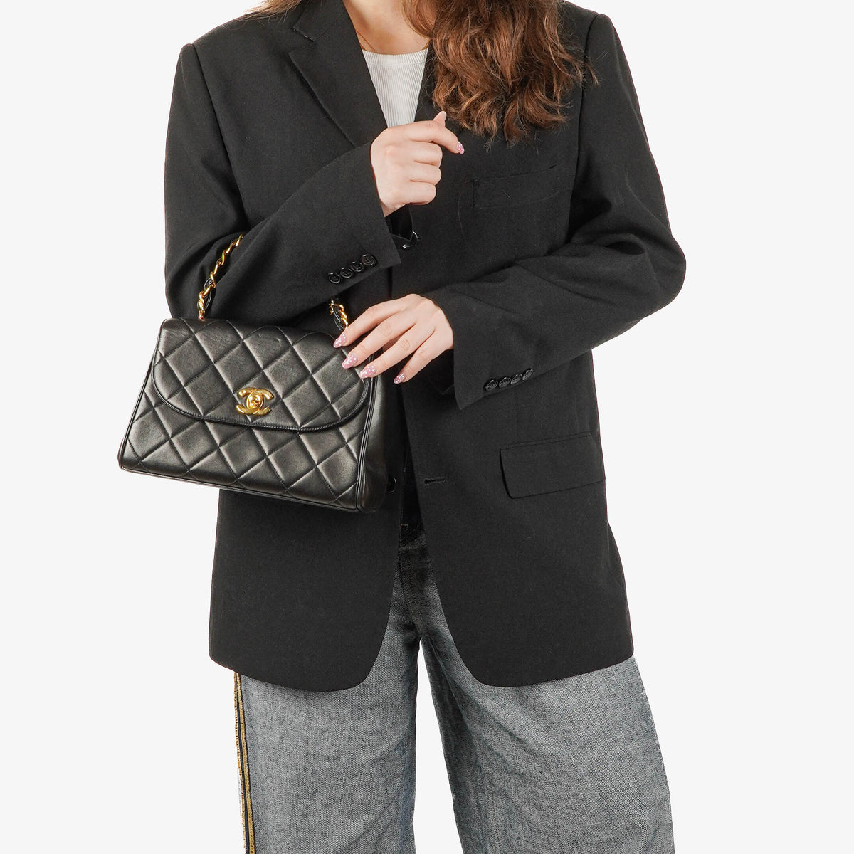 Chanel Flap Bag In Black Quilted Lambskin With Chain Top Handle And 24K Gold-Plated Hardware, 1994-1996