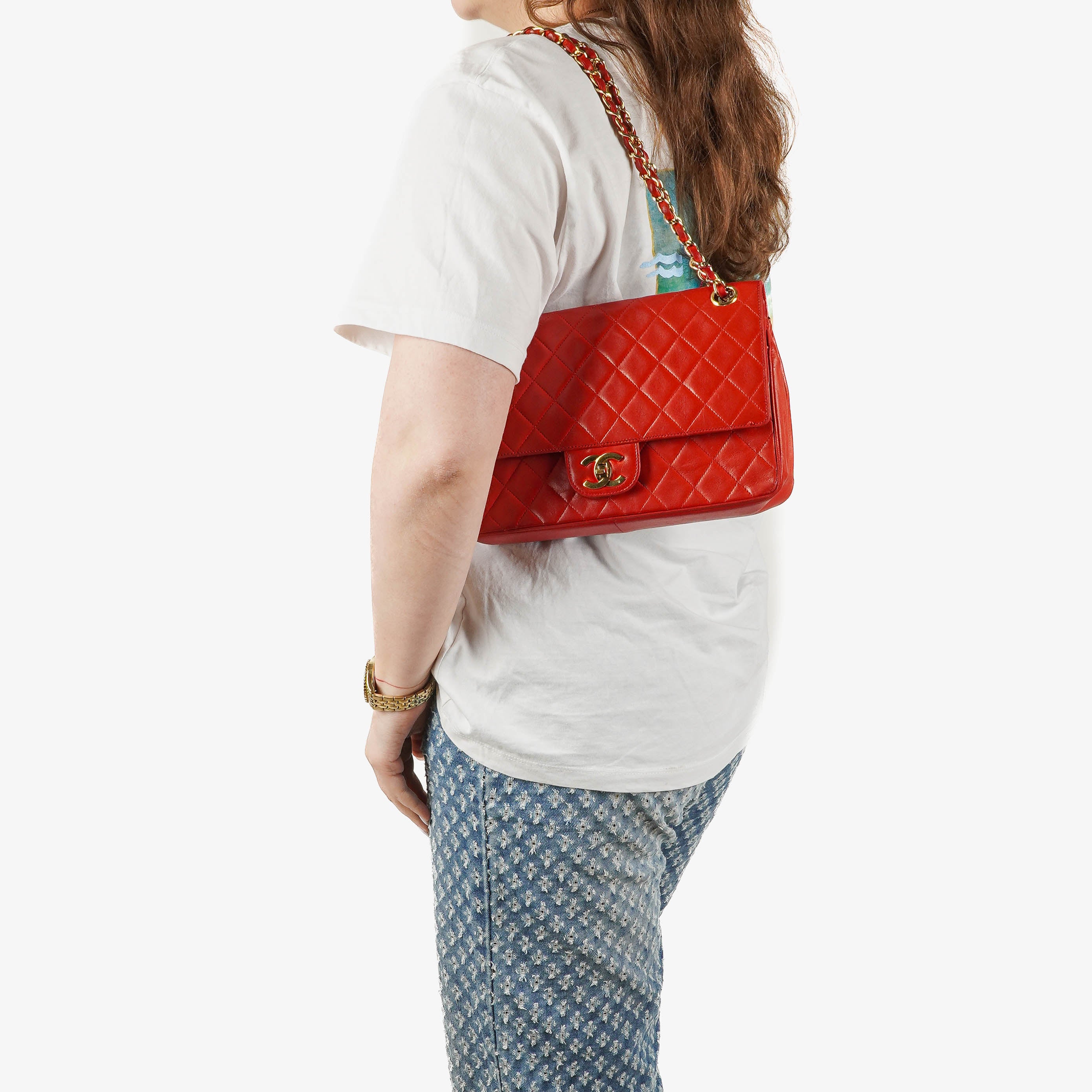 Chanel Vintage Classic Medium Double Flap Bag in Quilted Red Lambskin with 24-karat Gold-Plated Hardware
