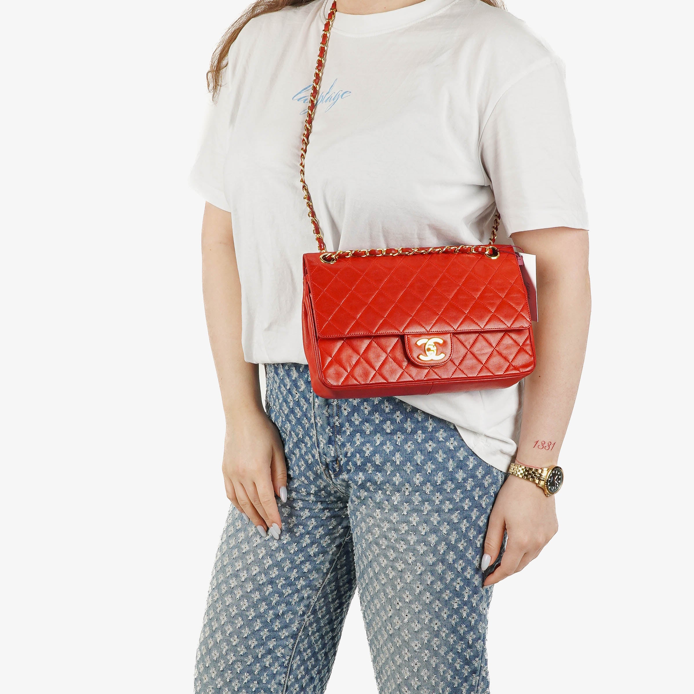 Chanel Vintage Classic Medium Double Flap Bag in Quilted Red Lambskin with 24-karat Gold-Plated Hardware