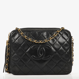 Chanel Vintage CC Black Quilted Lambskin Camera Tassel Bag