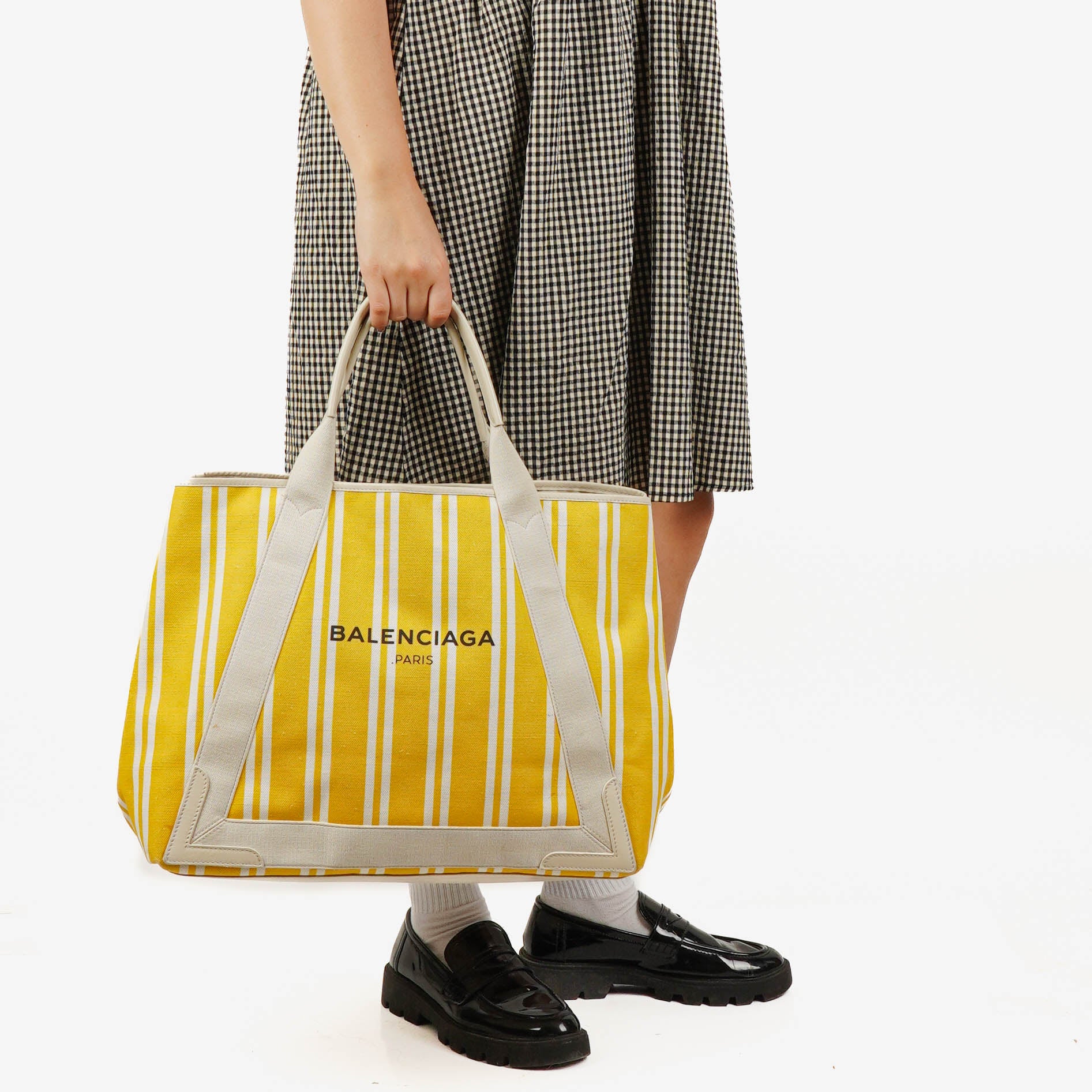 Balenciaga Yellow/White Navy Cabas Calfskin Logo Print Handbag