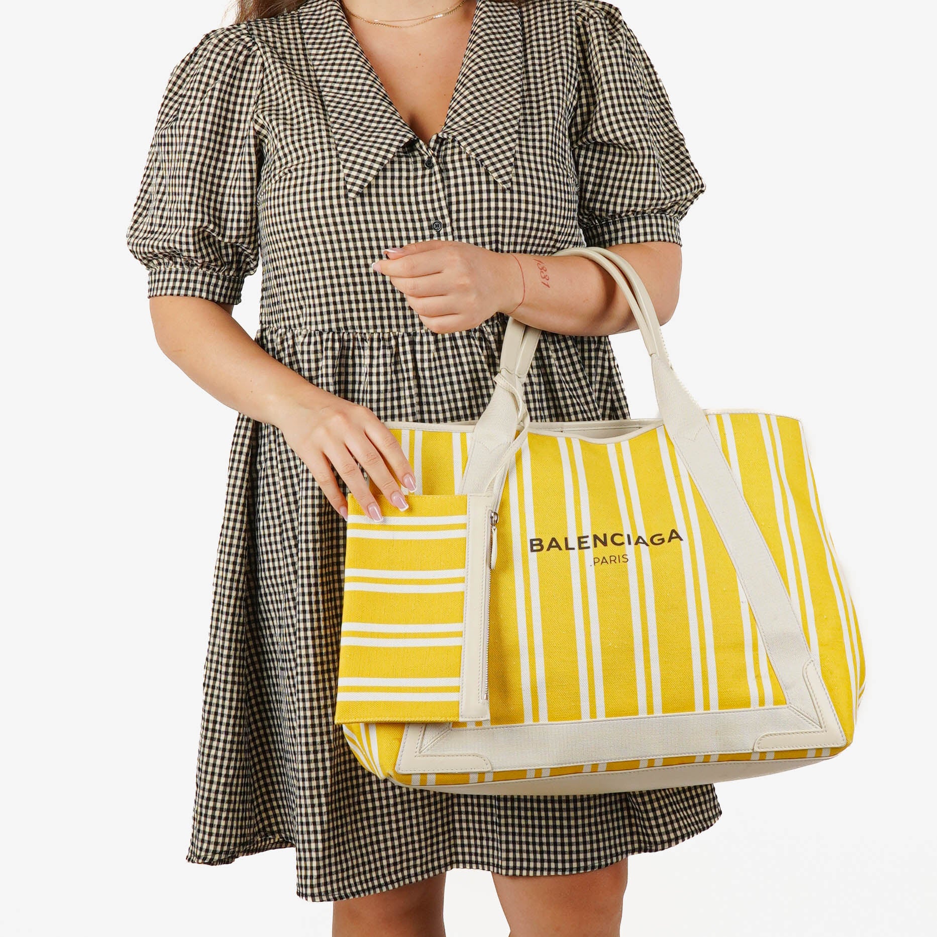 Balenciaga Yellow/White Navy Cabas Calfskin Logo Print Handbag