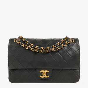 Chanel Medium Classic Vintage Double Flap Bag Black Quilted Lambskin 24K Gold-Plated Hardware
