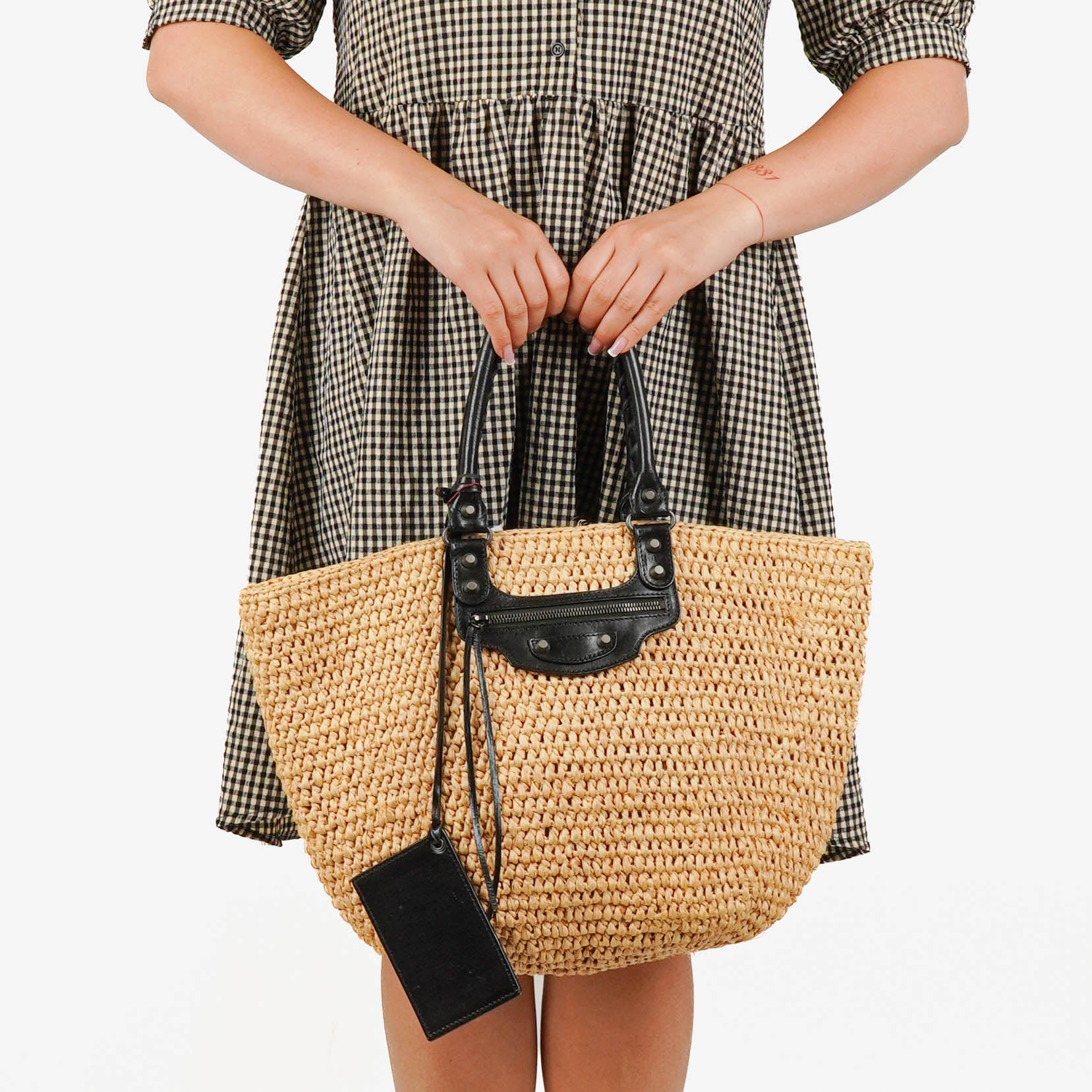 Balenciaga Woven Natural/Black Raffia Panier Tote Bag