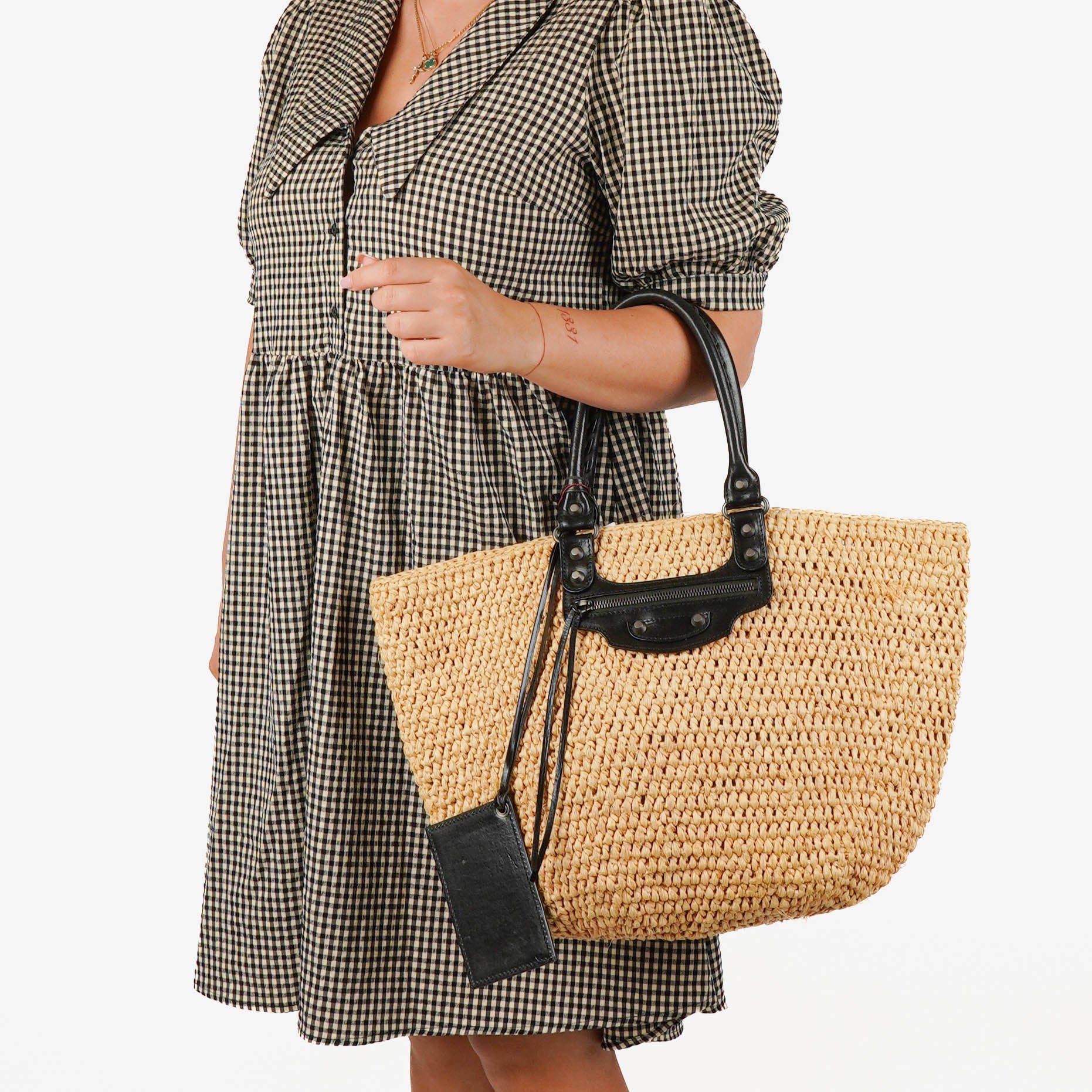 Balenciaga Woven Natural/Black Raffia Panier Tote Bag