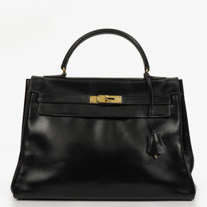 Hermes Vintage Kelly 32 Retourne In Black Box Calf With Gold Hardware