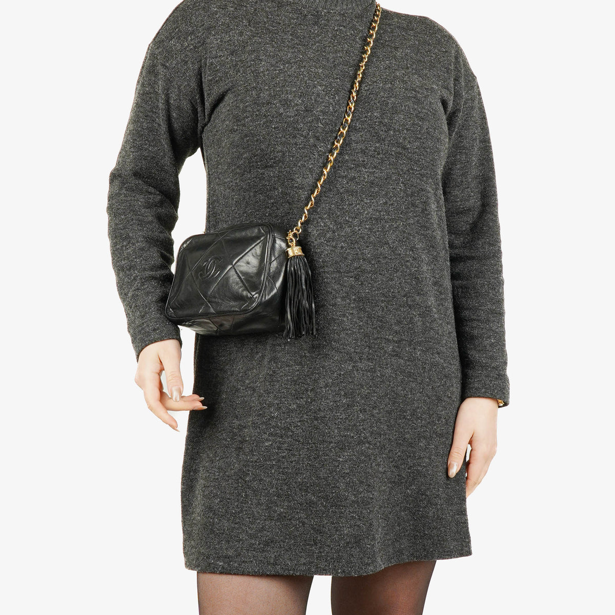 Chanel Vintage CC Black Quilted Lambskin Camera Tassel Bag