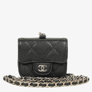 Chanel Airpods Pro Case In Black Caviar Quilted Leather With Silver-Tone Hardware
