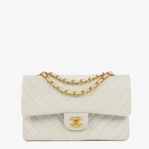 Chanel Medium Classic Double Flap Bag White Chevron Quilted Lambskin 24K Gold-Plated Hardware