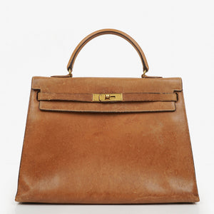 Hermes Vintage Kelly 35 Sellier In Vache Naturelle With Gold Hardware