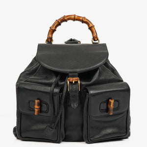 Gucci Vintage Black Leather Bamboo Backpack