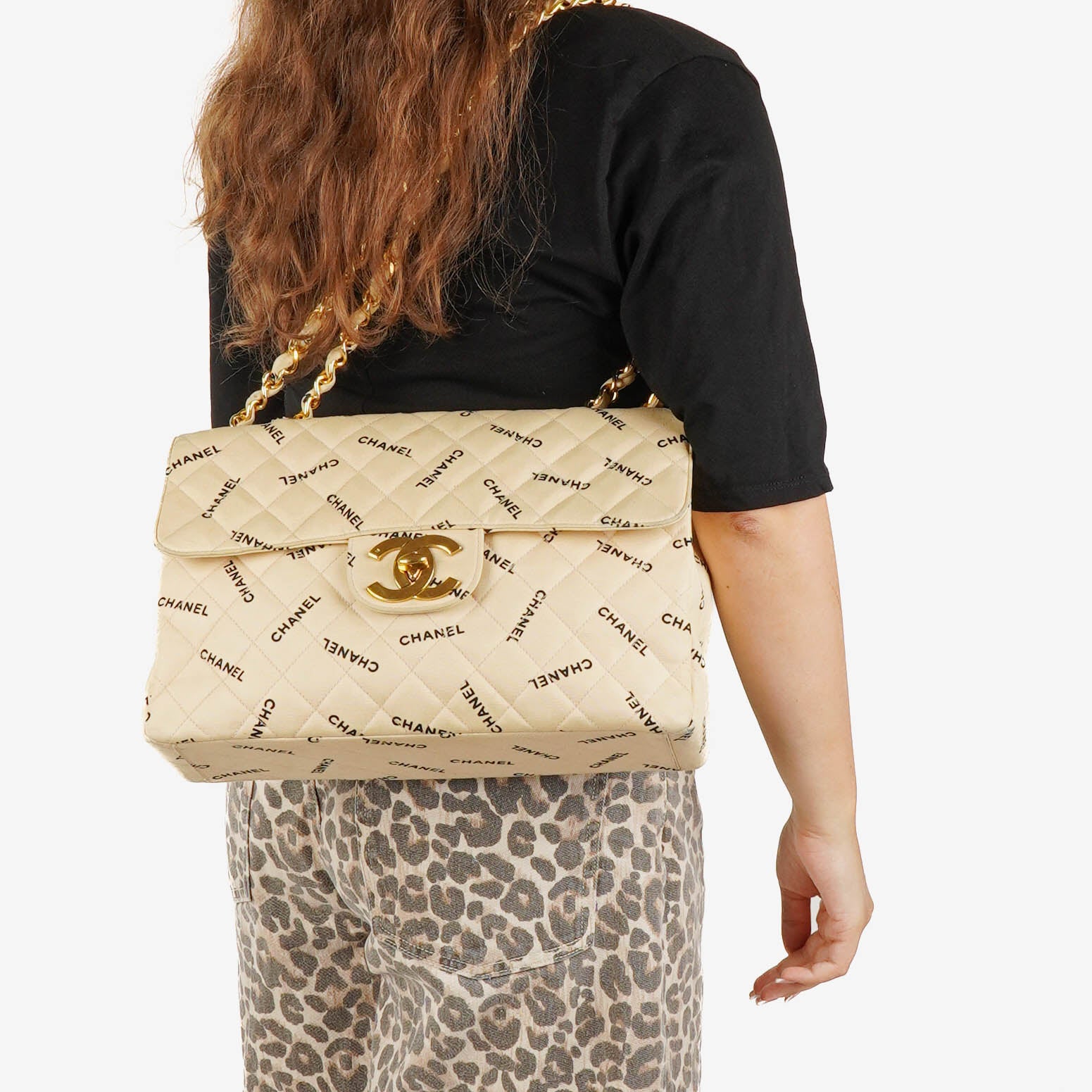 Chanel Jumbo Letter Logo Bag Beige Canvas With 24K Gold-Plated Hardware
