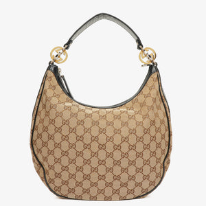 Gucci Beige GG Monogram Canvas And Black Leather Twins Hobo Bag