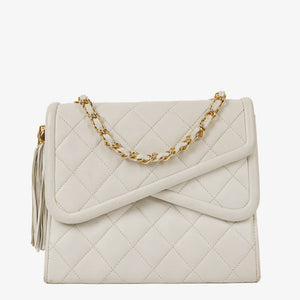 Chanel Small Tassel Flap Bag White Quilted Lambskin Bag