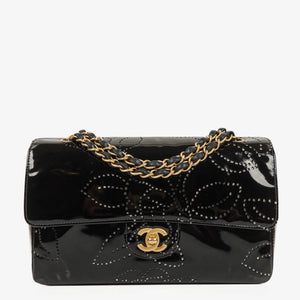 Chanel Camellia Perforated Black Patent Leather Flap Bag