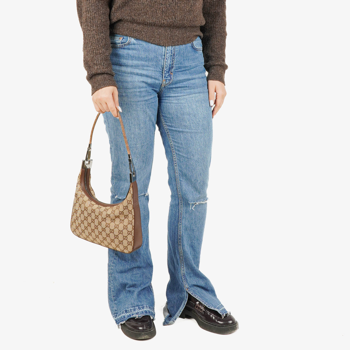 Gucci Brown And Beige Monogram Canvas And Leather Shoulder Hobo Bag