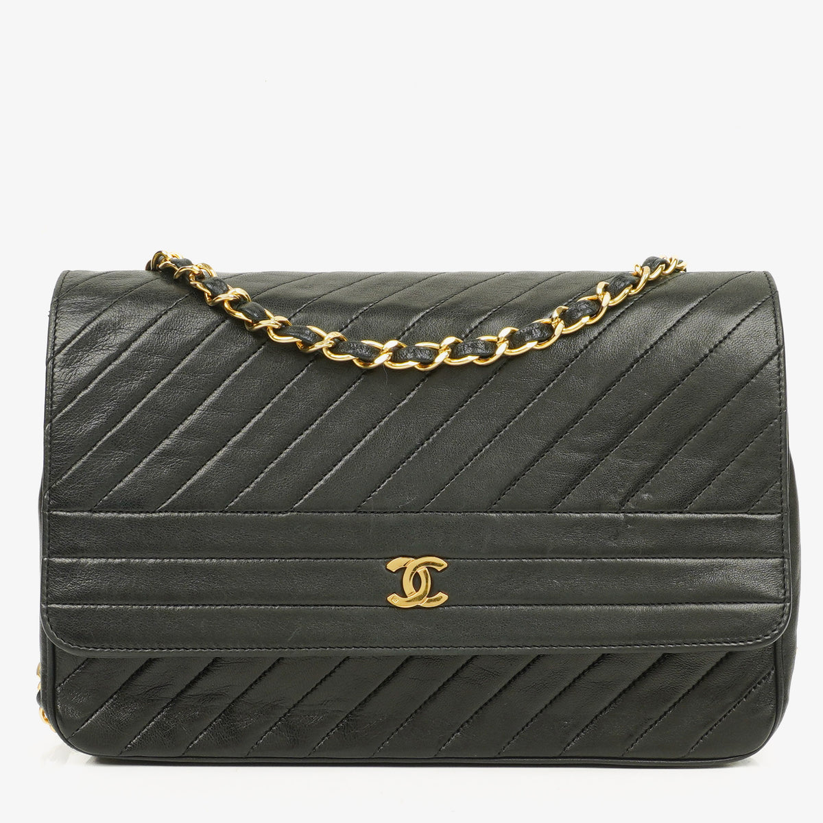 Chanel Diagonal Medium Classic Black Quilted Lambskin Single Flap Bag With 24K Gold-Plated Hardware