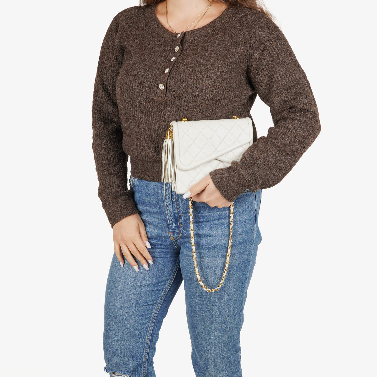 Chanel Small Tassel Flap Bag White Quilted Lambskin Bag