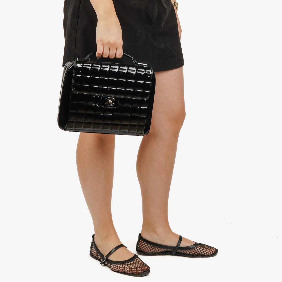 Chanel Chocolate Bar Briefcase Black Patent Leather With Silver Tone Hardware
