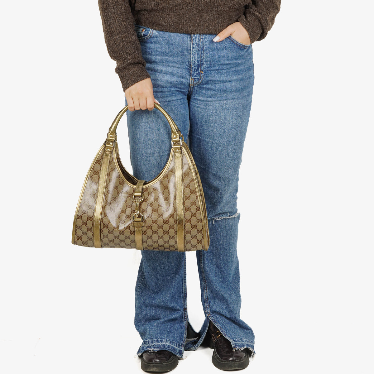 Gucci GG Crystal Canvas Jackie Bardot Shoulder Bag