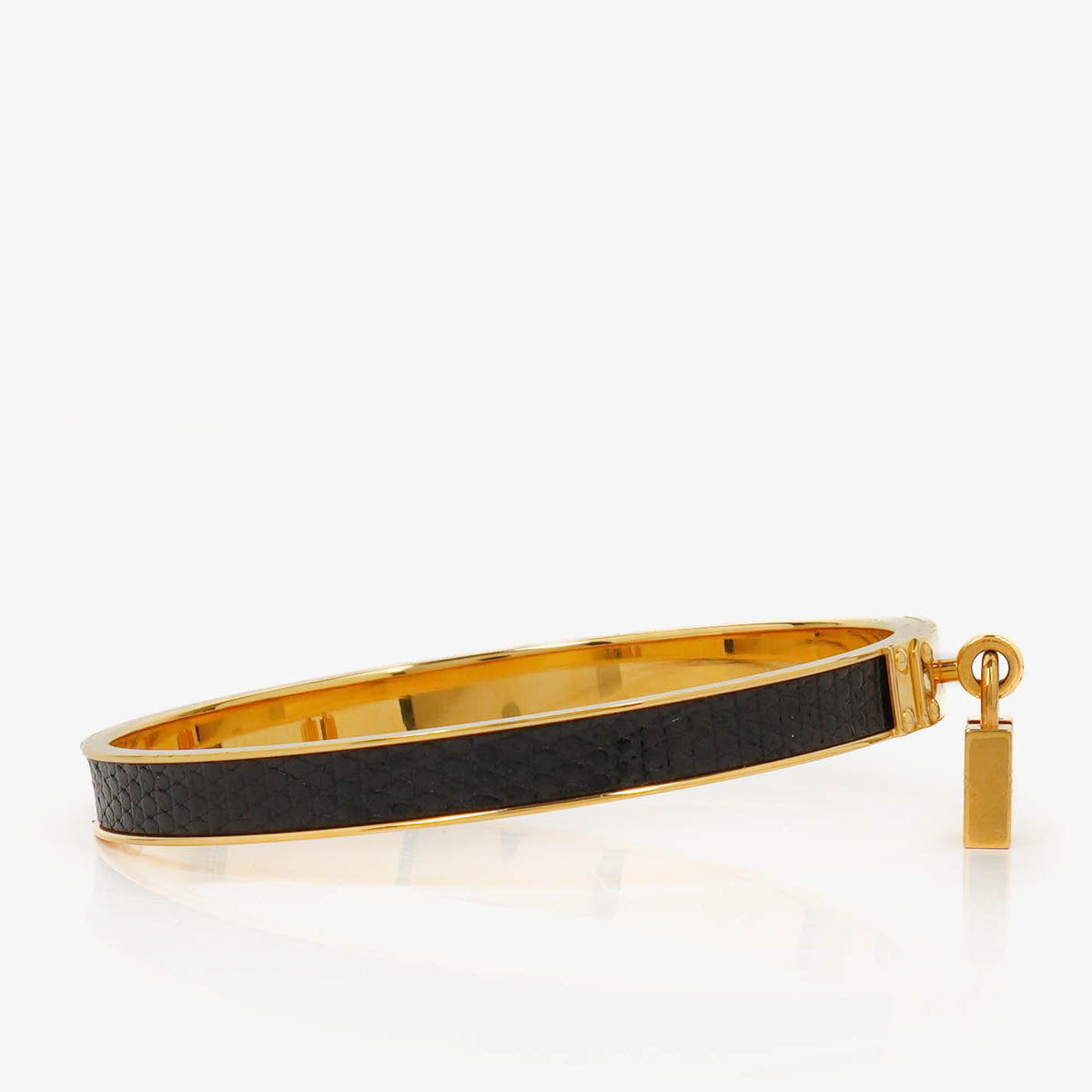 Hermes Black Lizard and Gold Plated Kelly H Lock Cadena Charm Bracelet