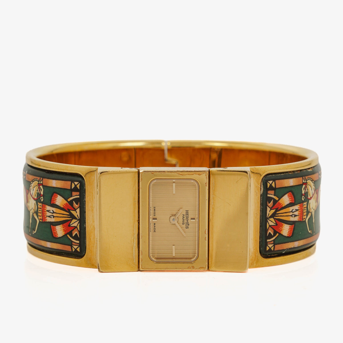 Hermes Green Equestrian Enamel and Gold Plated Loquet Bangle Quartz Watch L01.100