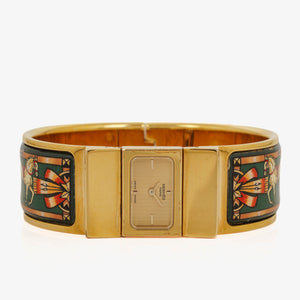 Hermes Green Equestrian Enamel and Gold Plated Loquet Bangle Quartz Watch L01.100