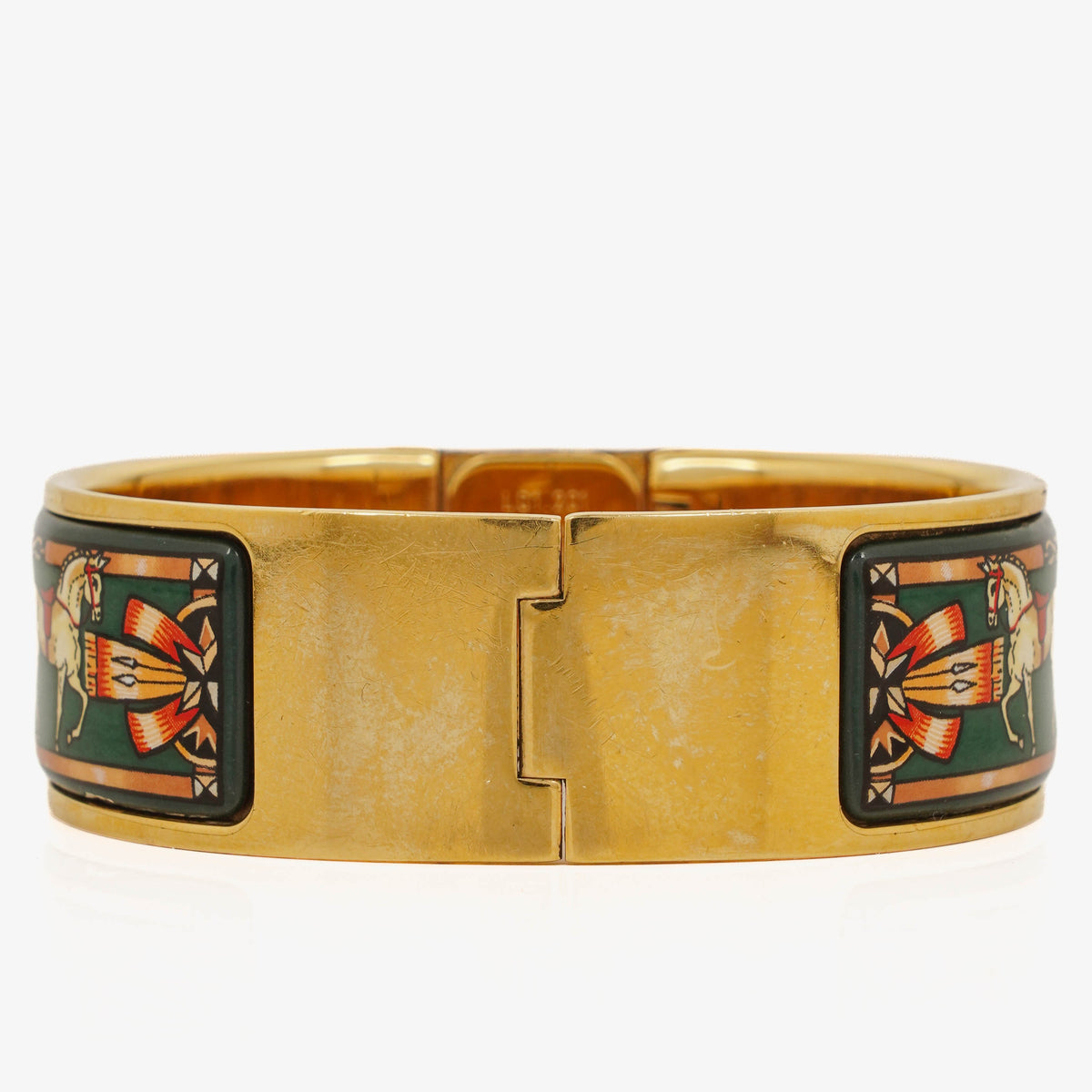 Hermes Green Equestrian Enamel and Gold Plated Loquet Bangle Quartz Watch L01.100