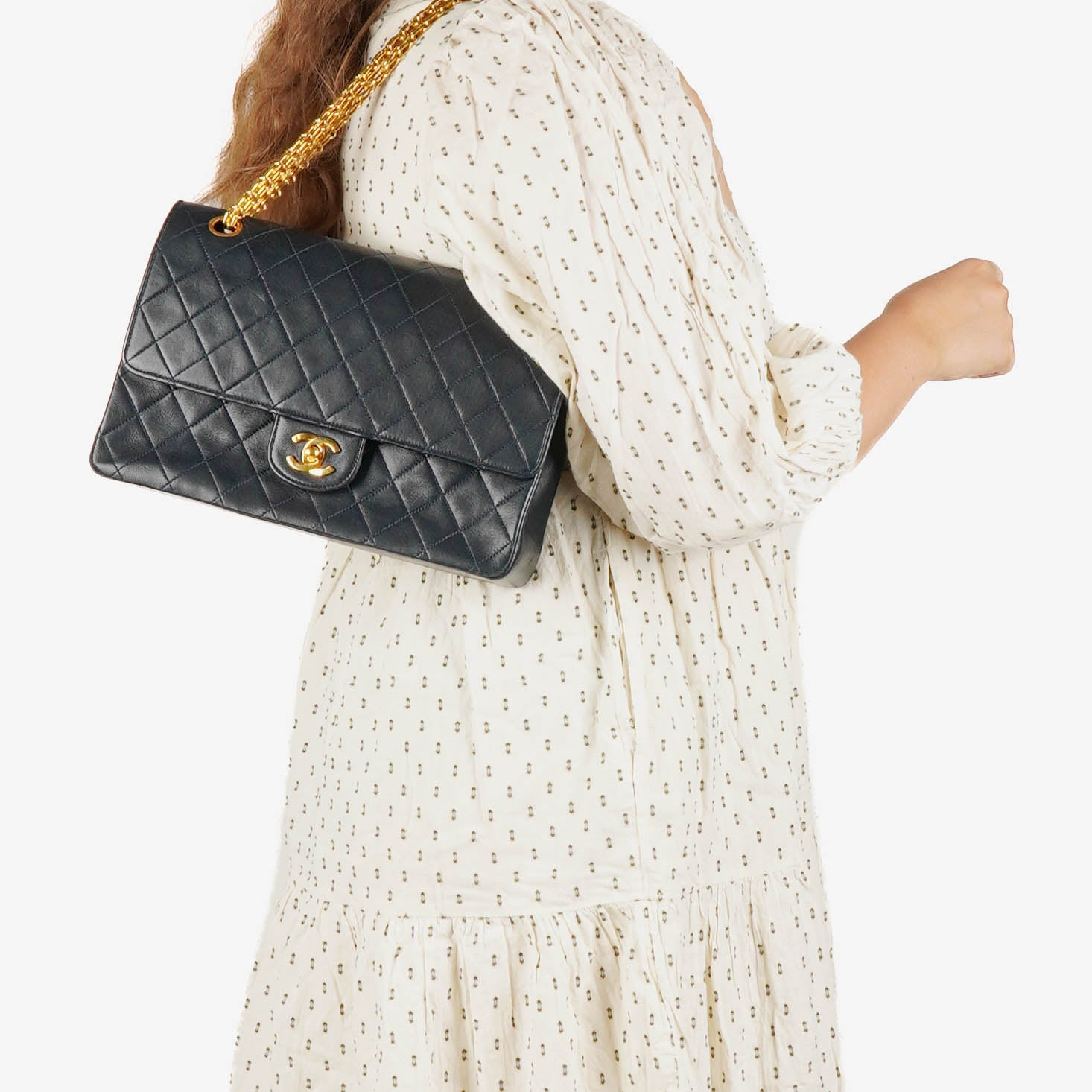 Chanel Medium Double Flap Bag Navy Quilted Lambskin With 24K Gold-Plated Hardware And Mademoiselle Chain