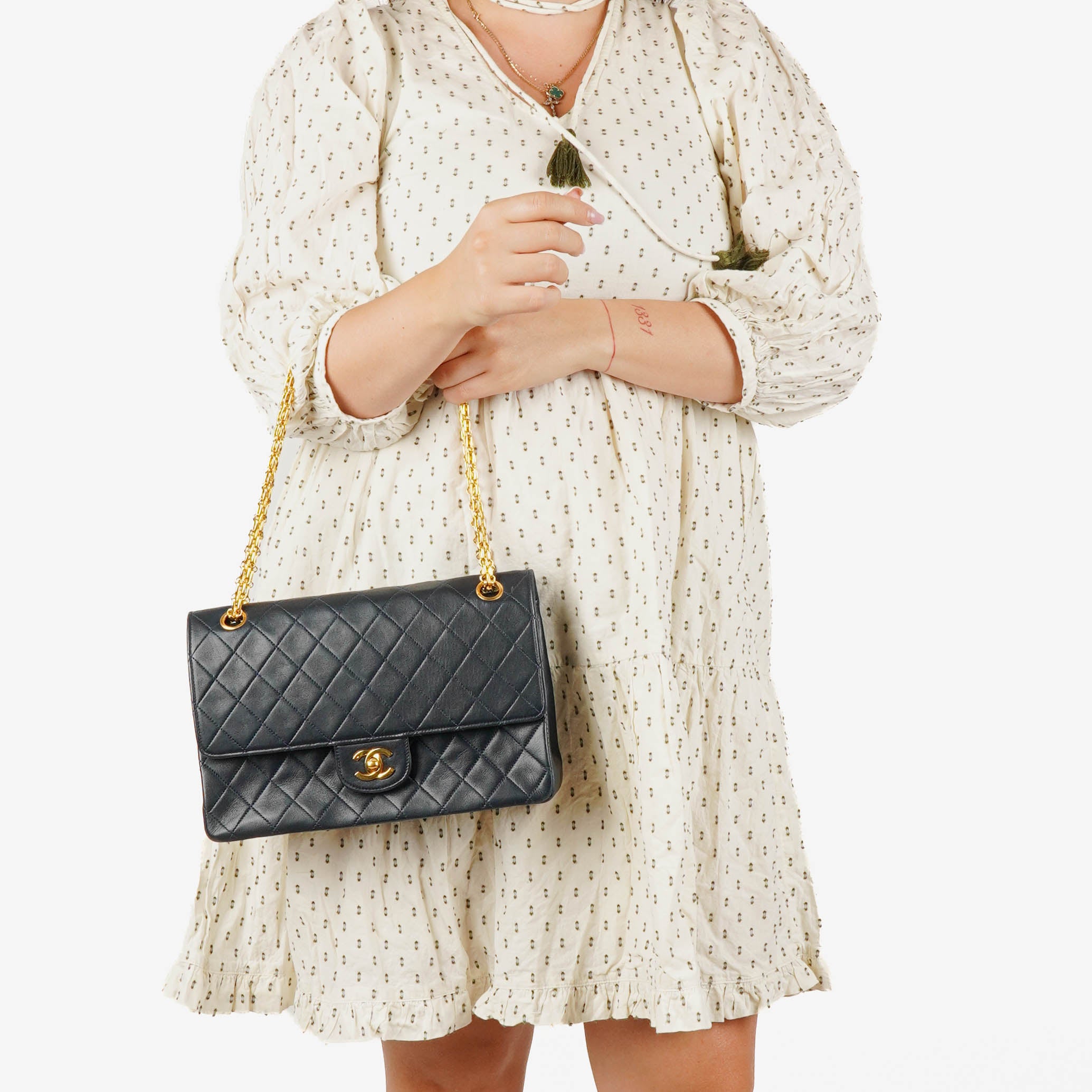 Chanel Medium Double Flap Bag Navy Quilted Lambskin With 24K Gold-Plated Hardware And Mademoiselle Chain