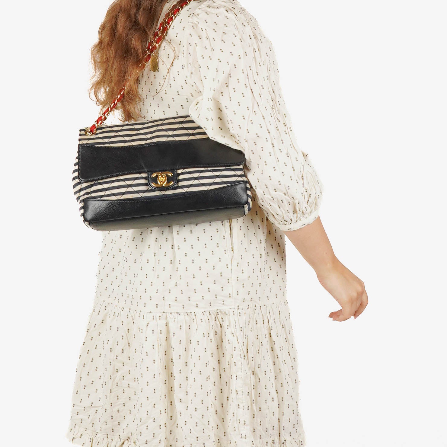 Chanel Quilted Jersey Navy White Red Jumbo Coco Sailor Flap Bag