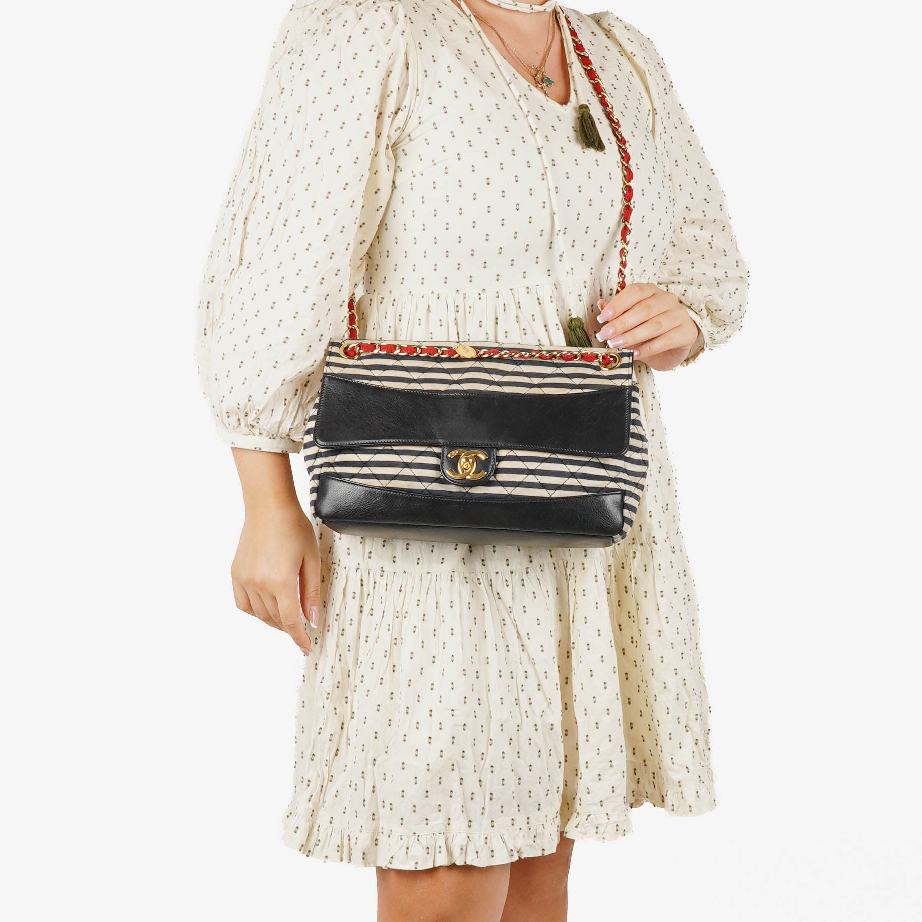 Chanel Quilted Jersey Navy White Red Jumbo Coco Sailor Flap Bag