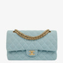 Chanel Medium Classic Vintage Double Flap Bag Light Blue Quilted Jersey 24K Gold-Plated Hardware