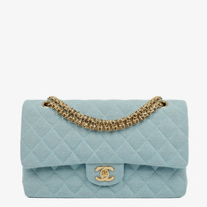 Chanel Medium Classic Vintage Double Flap Bag Light Blue Quilted Jersey 24K Gold-Plated Hardware