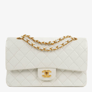 Chanel Medium Classic Vintage Double Flap Bag White Quilted Lambskin 24K Gold-Plated Hardware