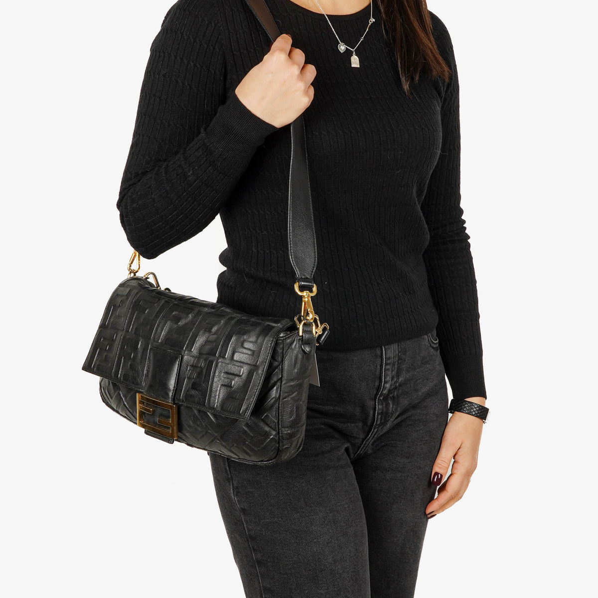 Fendi Baguette Large Black Nappa FF Embossed Bag