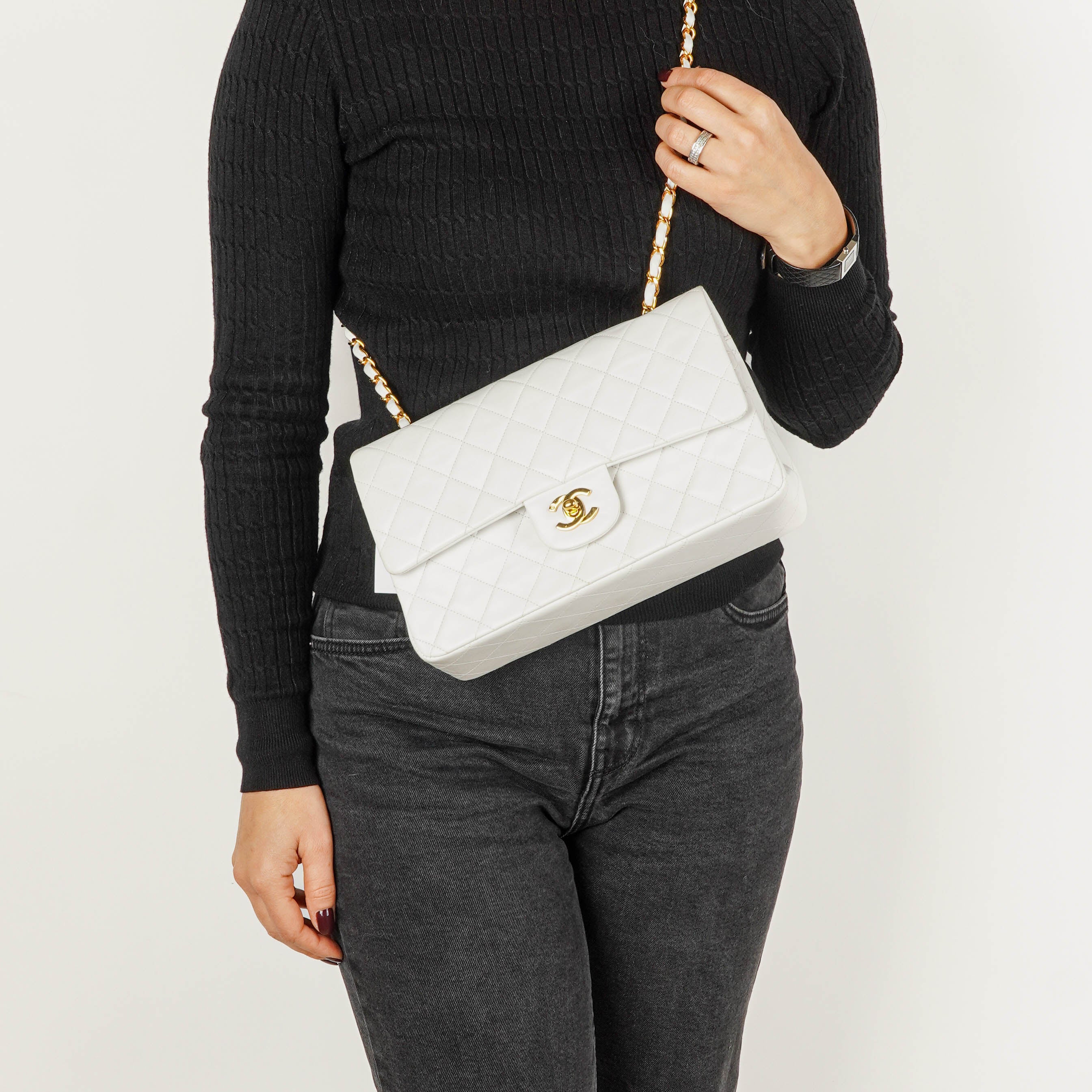 Chanel Medium Classic Vintage Double Flap Bag White Quilted Lambskin 24K Gold-Plated Hardware