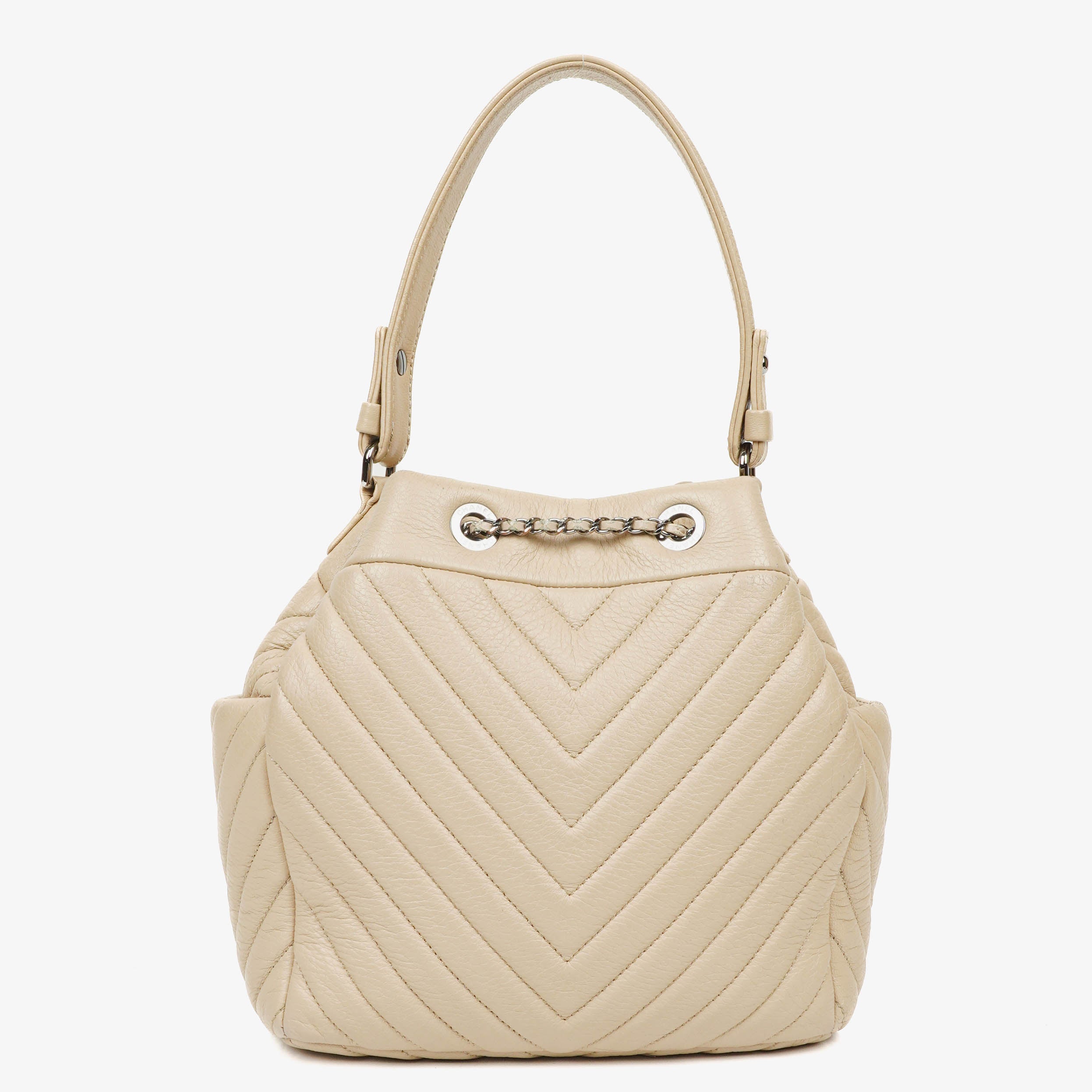 Chanel CC Ketten-Bucket Kleine Beige Hirschleder Chevron Tasche