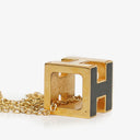 Hermès Gold Plated and Black Enamel Cage D'H Pendant Necklace