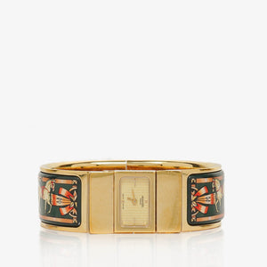 Hermes Green Equestrian Enamel and Gold Plated Loquet Bangle Quartz Watch L01.201